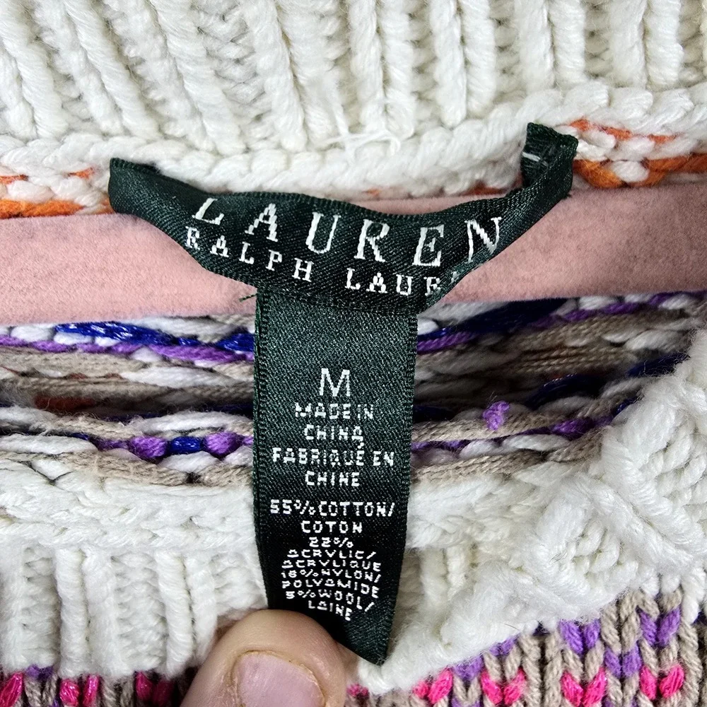 Lauren Ralph Lauren Women M Fair Isle Wool Pullover Sweater Bright Orange Purple